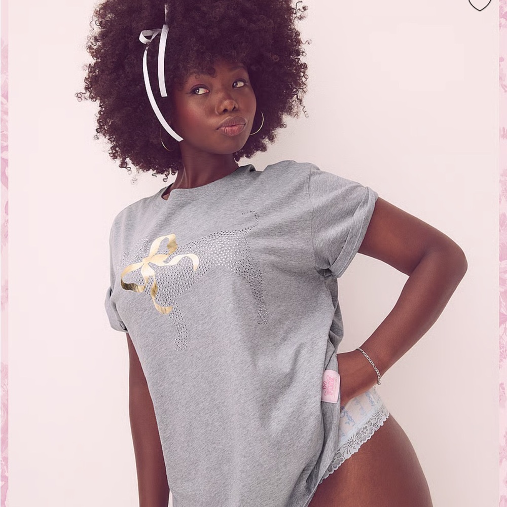 Victorias Secret PINK X LOVESHACKFANCY CAMPUS COTTON TEE Large Heather Gray